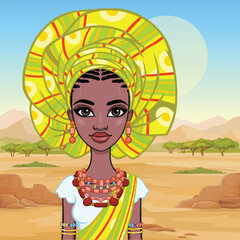 Animation portrait of a young African woman in ancient ethnic jewelry. Background - landscape desert, mountains, trees. Vector illustration.