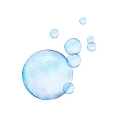 Watercolor drawn set of air or soap bubbles on white background. Transparent realistic picture for illustration, stickers, logo, textile printing