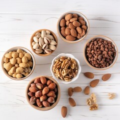A background with bowls of nuts is visible in the distance. Generative AI.