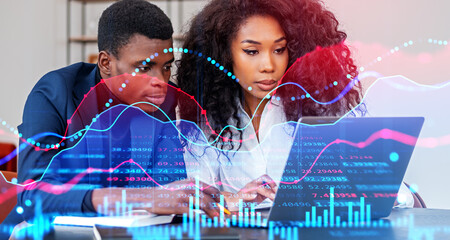 Business people with laptop, forex diagrams with digital lines and numbers