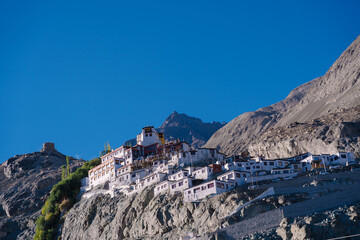 Fototapeta na wymiar Diskit Monastery also known as Deskit Gompa or Diskit Gompa is the oldest and largest Buddhist monastery in the Nubra Valley of Ladakh, northern India. It belongs to the Gelugpa sect of Tibetan Buddhi