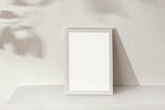 Blank picture frame with mockup copy space standing on white shelf, floral sun light shadows on white concrete wall background, minimalist sustainable branding or interior design template