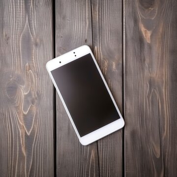 On a shabby wooden table, a white smartphone is empty. Generative AI.