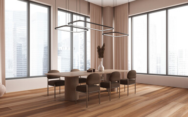 Modern living room interior with table and chairs, decor and panoramic window