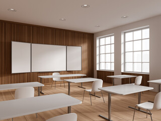White and wooden school classroom corner with whiteboard
