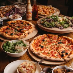 Italian food, including delectable pizza, is served at a table, Generative AI.