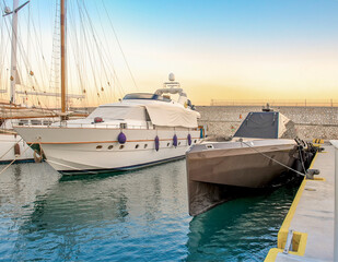 Luxury sail and modrn speed boats in marina Zeas .Port of Piraeus, Greece