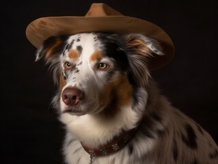 A dog wearing a cowboy hat and boots, sitting on a surfboard in the ocean