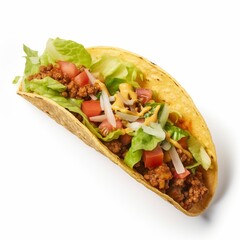 Mexican meal taco is shown on a white background by itself, Generative AI.