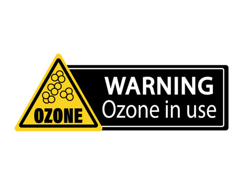 Warning, ozone in use. Yellow triangle warning sign with symbol. Text by side on black background.