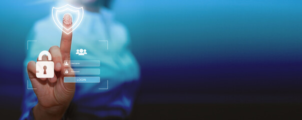 Cyber, personal data, privacy and information security. Internet networking  protection security system concept. Padlock fingerprint icon on tech code background. Banner. Copy space.