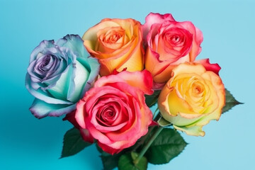 A colorful bouquet of roses on blue background, Generative AI
