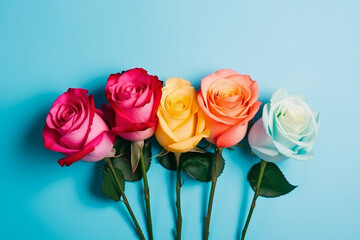 A colorful bouquet of roses on blue background, Generative AI