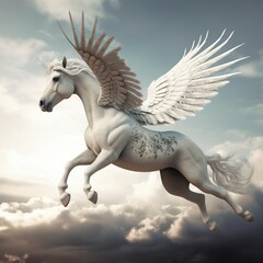 Obraz na płótnie Canvas Pegasus, a legendary winged horse, gallops against the sky., Generative AI.