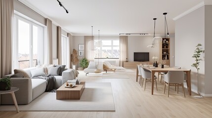 Modern Scandinavian apartment living room interior design. Bright style