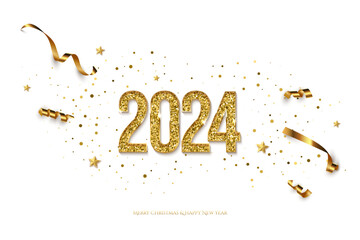 2024 Happy New Year greeting card vector template. Festive Christmas horizontal social media banner design with congratulations. Golden numbers with confetti realistic illustration on white background
