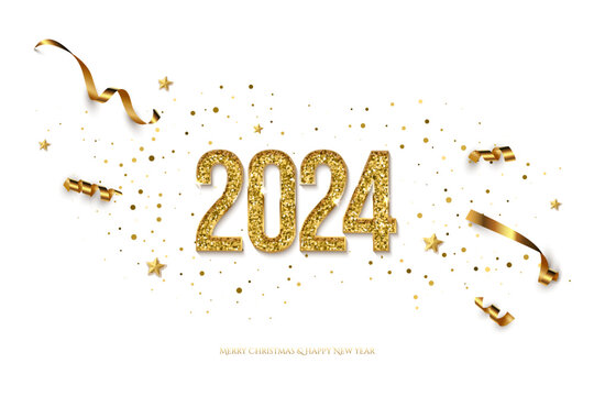 2024 Happy New Year greeting card vector template. Festive Christmas horizontal social media banner design with congratulations. Golden numbers with confetti realistic illustration on white background