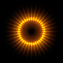 Orange portal of radial line rays and circle flash light effect, golden bright fire ring