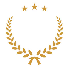 Yellow laurel wreath with stars icon vector illustration. Winner award with branch and three stars silhouette, trophy, gold certificate or birthday congratulation for ceremony isolated on white