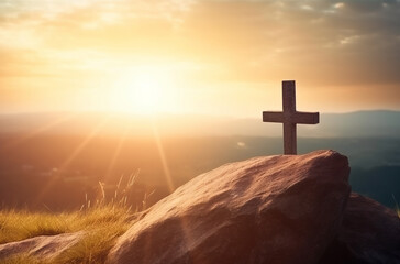 Easter and Good Friday concept, Empty tombstone with cross on mountain sunrise background, Generative AI