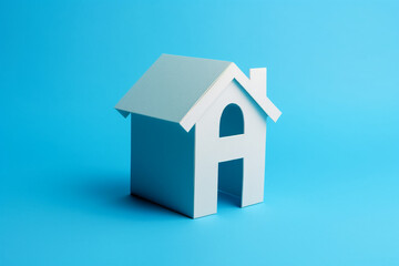 Fototapeta na wymiar House symbol for real estate and housing concepts, buy or sell home, mortgage, maintenance, repair, refurbish, investment, property market. Cutout paper blue background, Generative AI