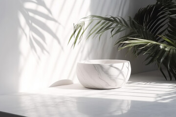 Modern minimal empty white marble stone counter table top, in sunlight, beauty treatment product display, Generative AI  