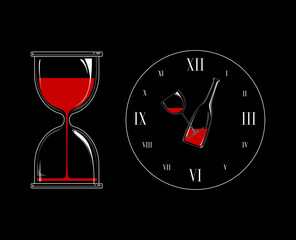 Vector illustration of hourglass with wine. Creative icons with clock and bottle of wine.