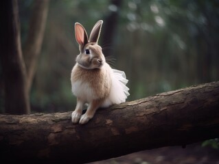 A rabbit wearing a tutu and ballet shoes, perched on the branch of a tall tree
