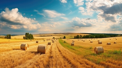 agricultural field with hay bales on a beautiful warm and bright summer day, blue sky with some clouds, generative ai - obrazy, fototapety, plakaty