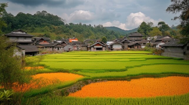 Ancient Asian village with paddy fields. Generative AI