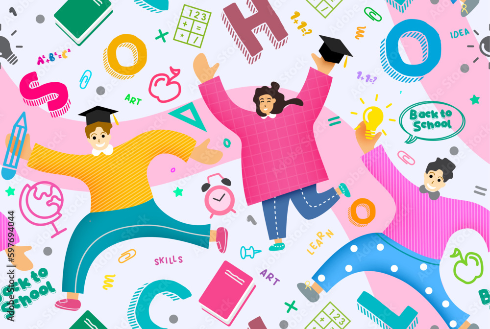 Poster back to school seamless background. back to school text in seamless pattern design with student char