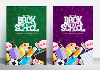 Back to school vector set design. Back to school greeting text with student tools and item elements for educational layout. Vector illustration back to school collection.