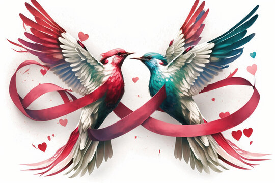 Sympatia - zakochane ptaszki, tło kartka ślubna, rysowana - Sympathy - birds in love, background wedding card, drawn - AI Generated