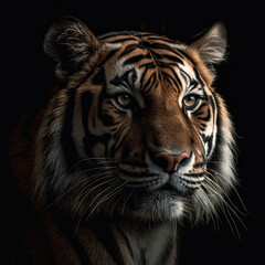 Fototapeta premium Bengal Tiger Portrait on Black Background - Made with Generative AI