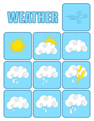 Weather icons set. Sun, rain, storm, wind, snow, cloud. Minimal vector illustrations. Simple flat outline signs for web, forecast app. Weather for children. Vector set of weather icons for children