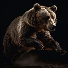 Grizzly Bear Action Shot on Black Background - Made with Generative AI