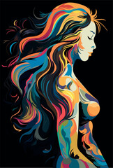 Silhouette of a girl with long curly hair, multi-colored. Beautiful long wavy hair style. Vector. Side view on a black background. Wavy haircut. Body and arm tattoos