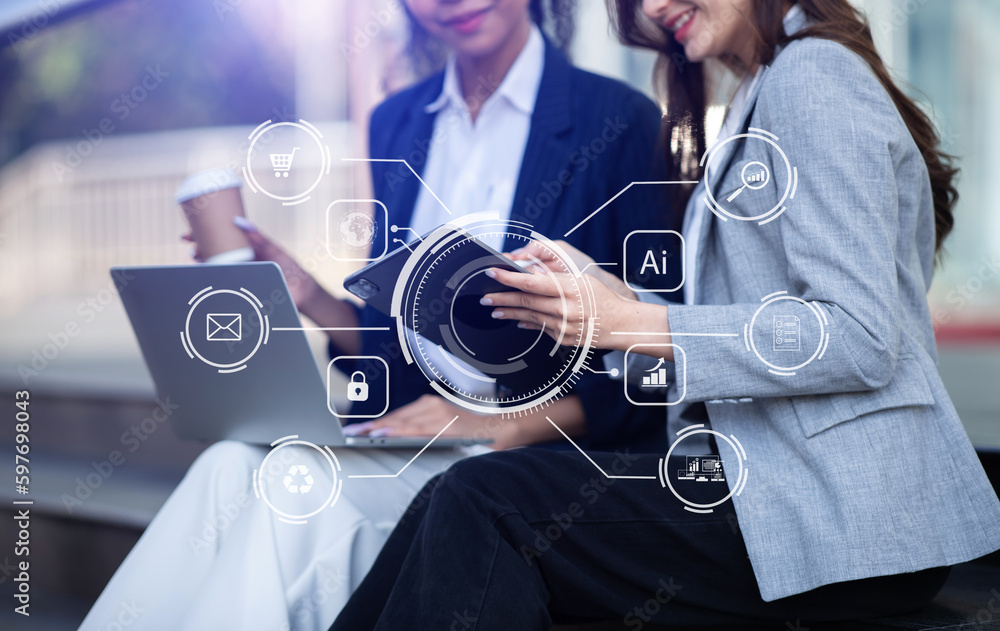 Aufkleber working team meeting concept, business using laptop and smart phone and digital tablet computer with