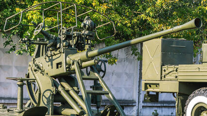 Soviet anti-aircraft gun. Combat army equipment. Obsolete weapons of the Soviet army. Mobile anti-aircraft gun.