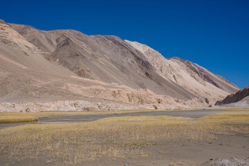 Fototapeta na wymiar grassland, small river and mountain, blue sky at Ladakh, India