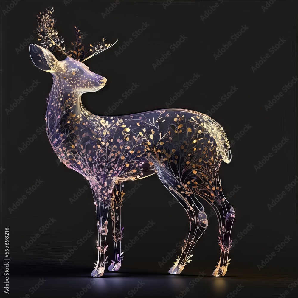 Poster deer in the style of a polygonal image on a black background, generative ai