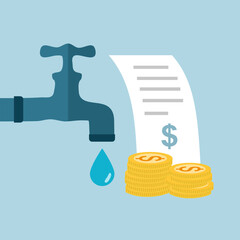 Water utility bill concept vector illustration. Water tap, stack of coins and invoice in flat design.