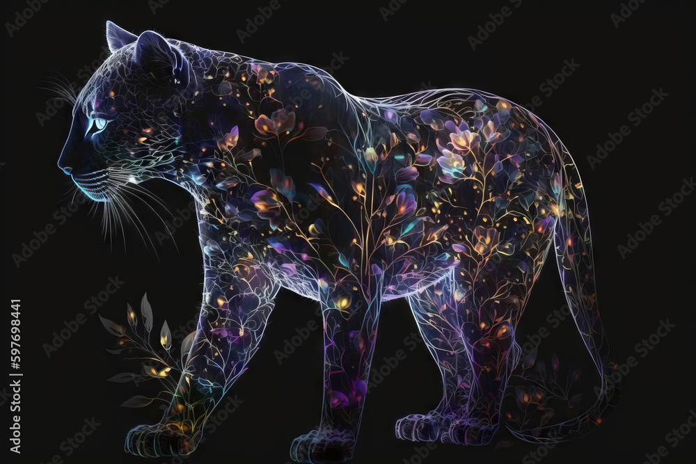 Aufkleber generative ai of a panther with floral pattern isolated on black background