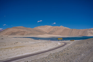 Pangong lake in autumn, and mountain and blue sky at Leh Ladakh