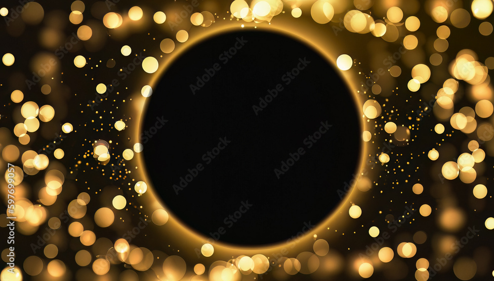 Poster shiny golden circle frame on dark background and bokeh lights