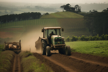 Fototapeta premium Tractor in the field and farming. AI Generated