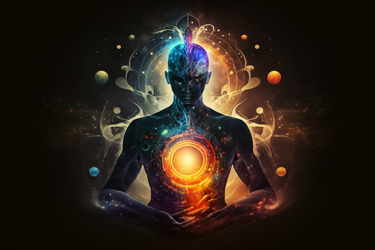 meditation and spiritual practice, expanding of consciousness, chakras and astral body activation, mystical inspiration. Generative AI.
