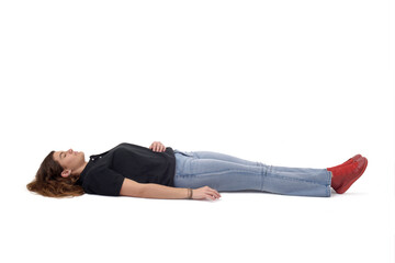 young girl lying on the floor on white background