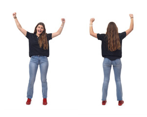 front and back view of young girl with arms raised on white background