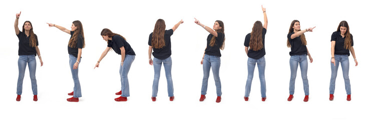 line of large group of same young girl pointing on white background